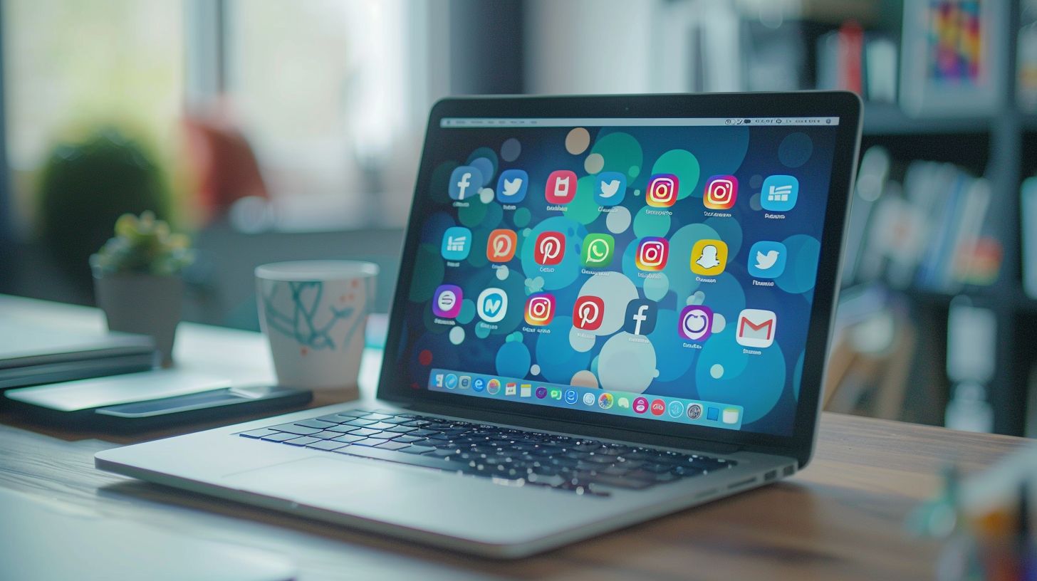 A vibrant laptop displaying social media icons in a modern workspace. A vibrant laptop displaying social media icons in a modern workspace.
