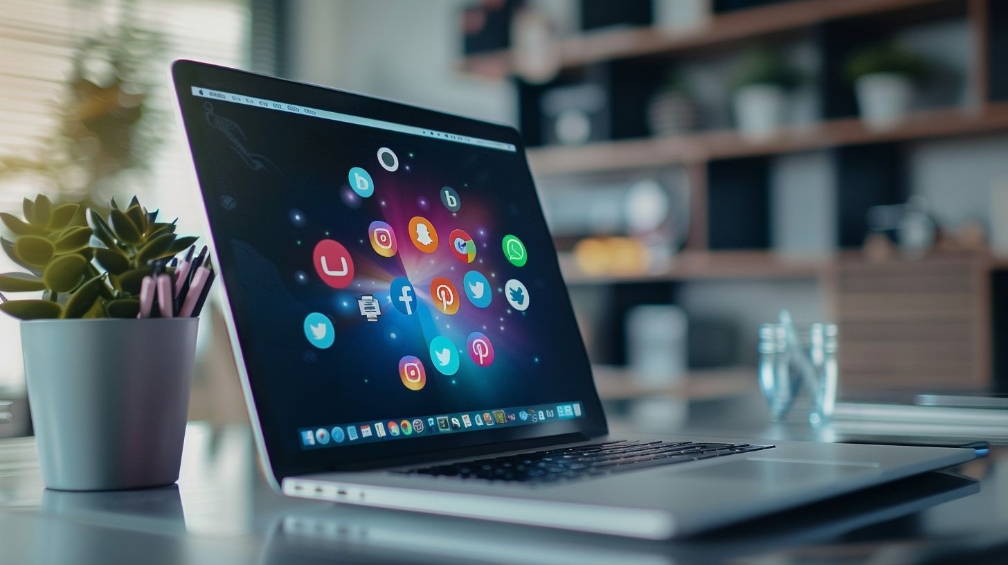 A vibrant laptop displaying social media icons in a modern workspace. A vibrant laptop displaying social media icons in a modern workspace.
