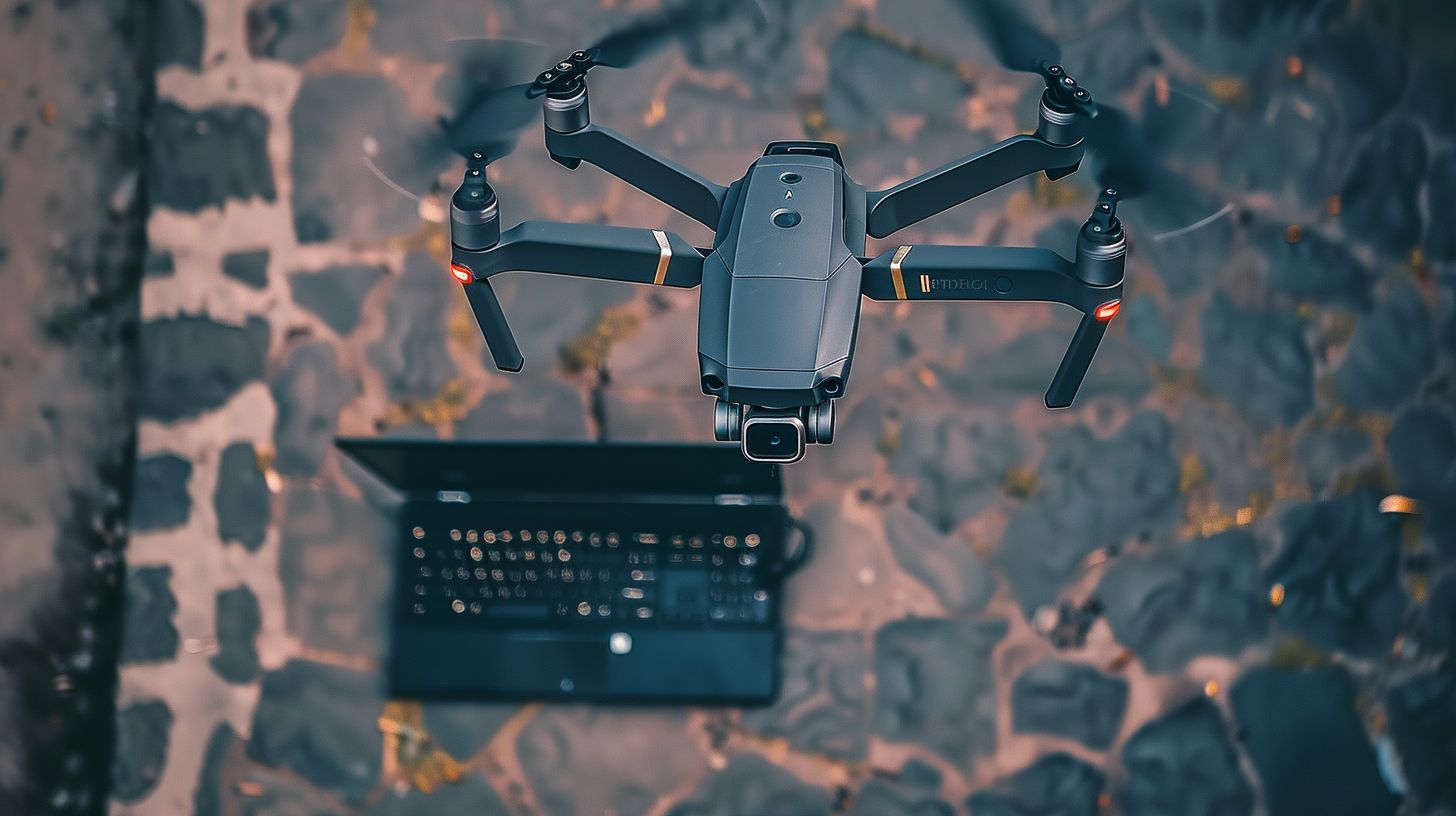 An aerial view of structured content on a computer taken with a drone.