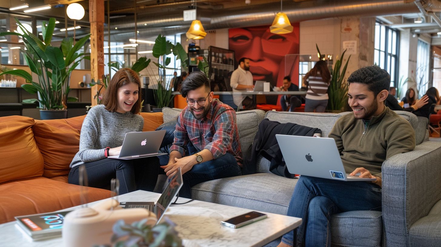 Employees working in a modern office with laptops. Employees working in a modern office with laptops.