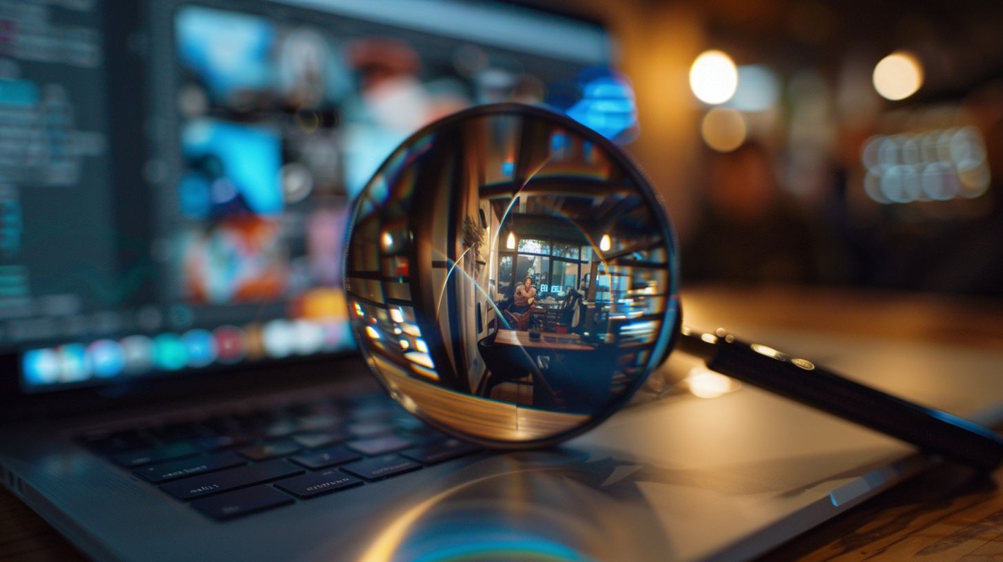 A laptop screen with SEO analytics and nature photography viewed through a magnifying glass. A laptop screen with SEO analytics and nature photography viewed through a magnifying glass.