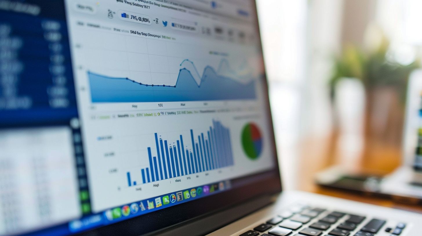 The website analytics dashboard displays charts and graphs in a wide-angle view.