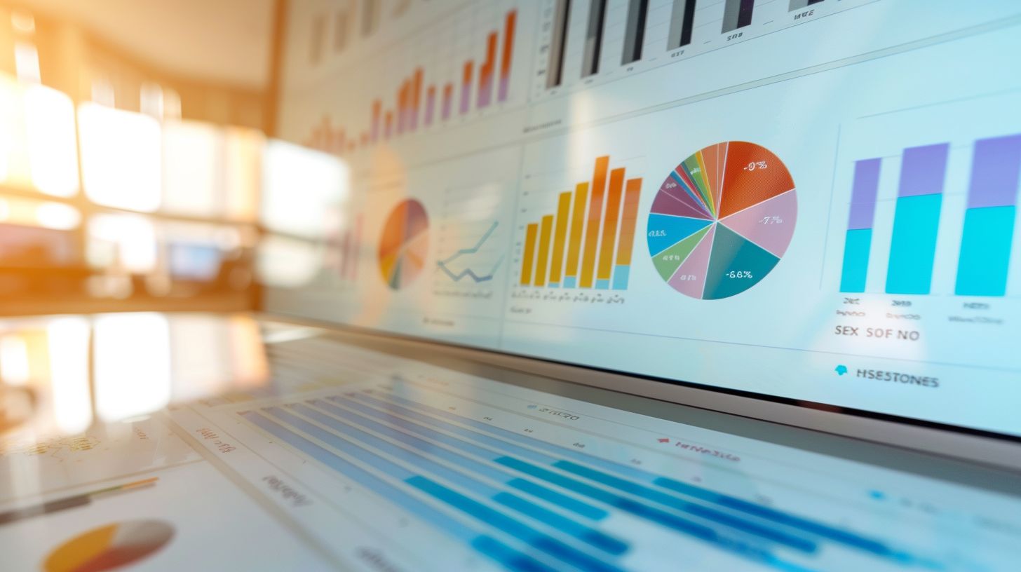 The website analytics dashboard displays charts and graphs in a wide-angle view.