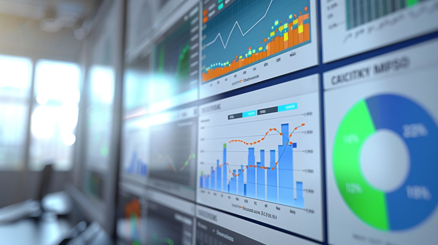 The website analytics dashboard displays charts and graphs in a wide-angle view.