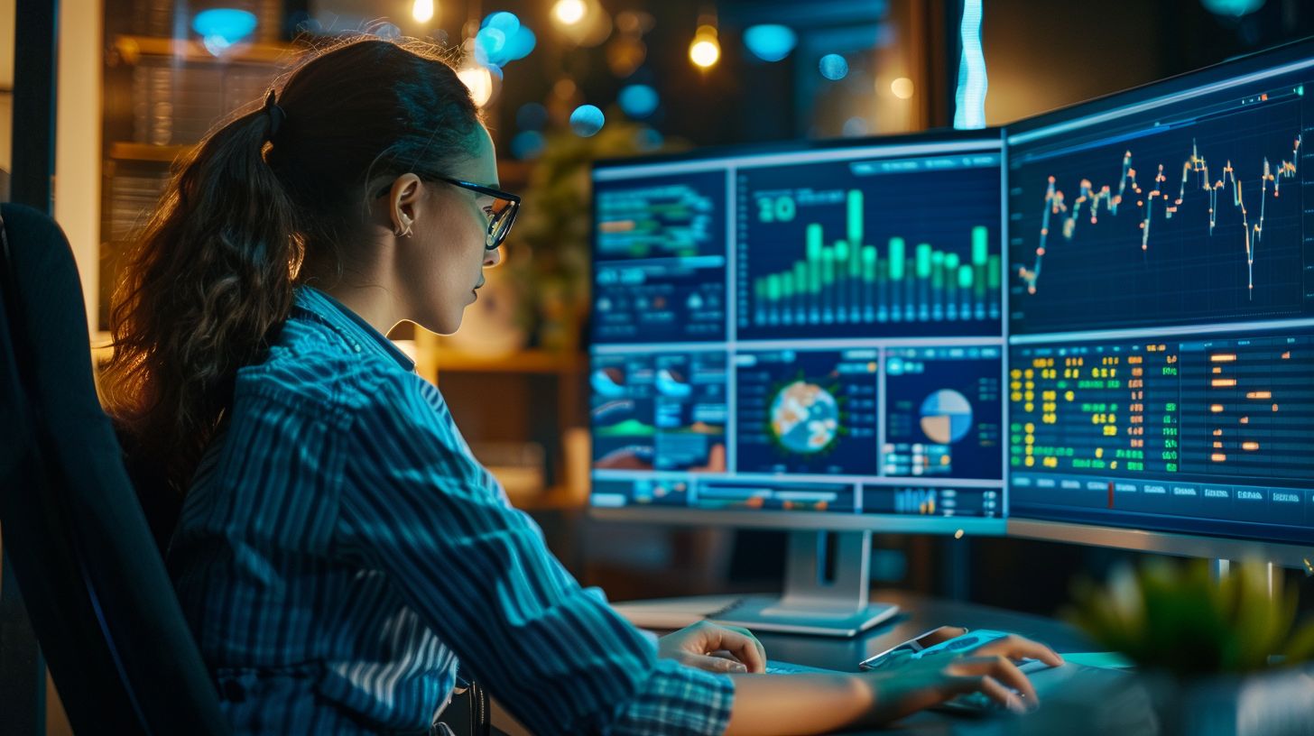 A person analyzing SEO data on a computer using a wide-angle lens.