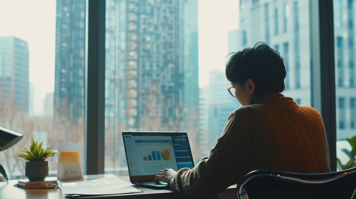 A person analyzing data on a laptop in a modern office.