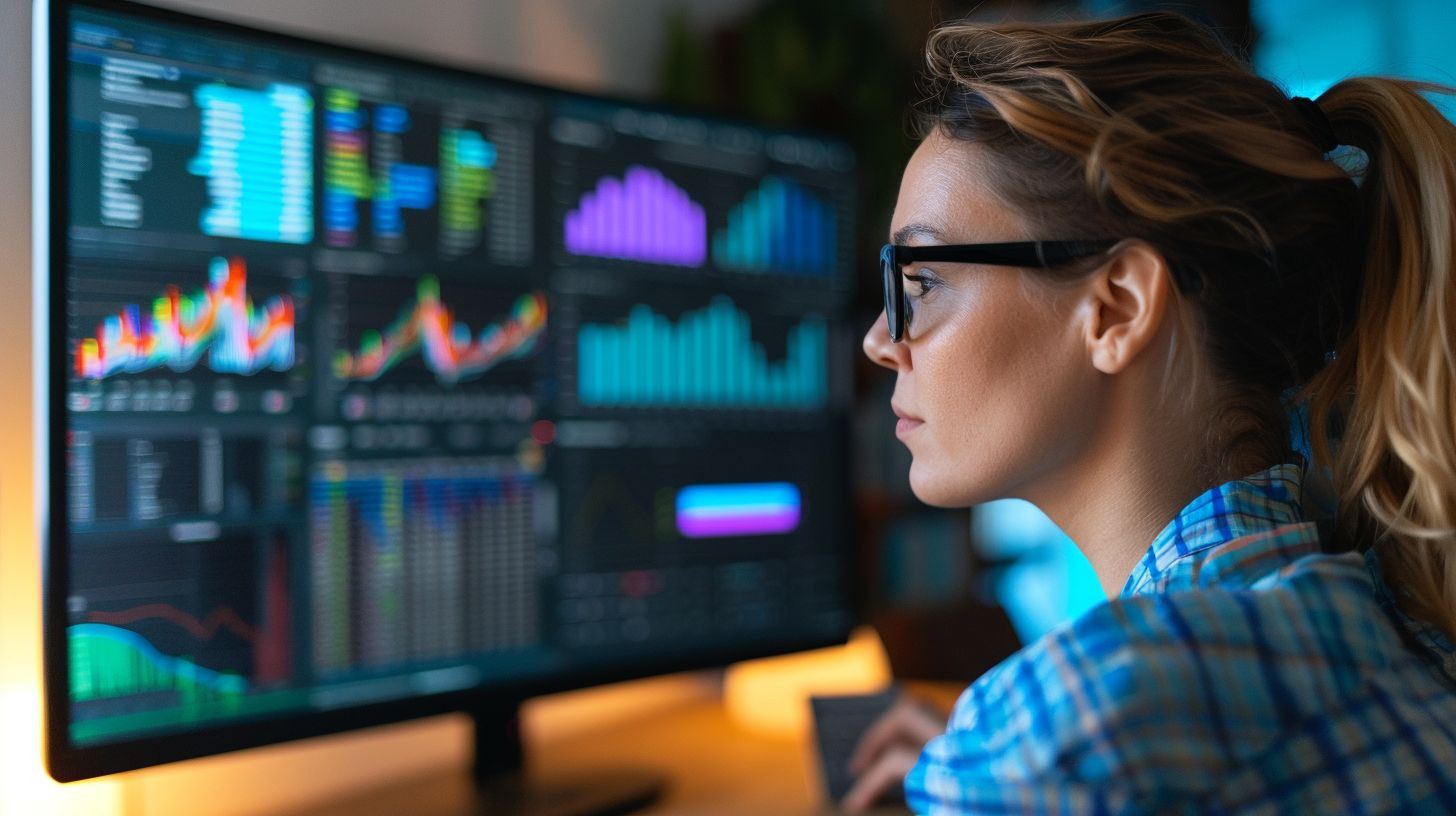 A person analyzing digital marketing analytics on a wide computer monitor.