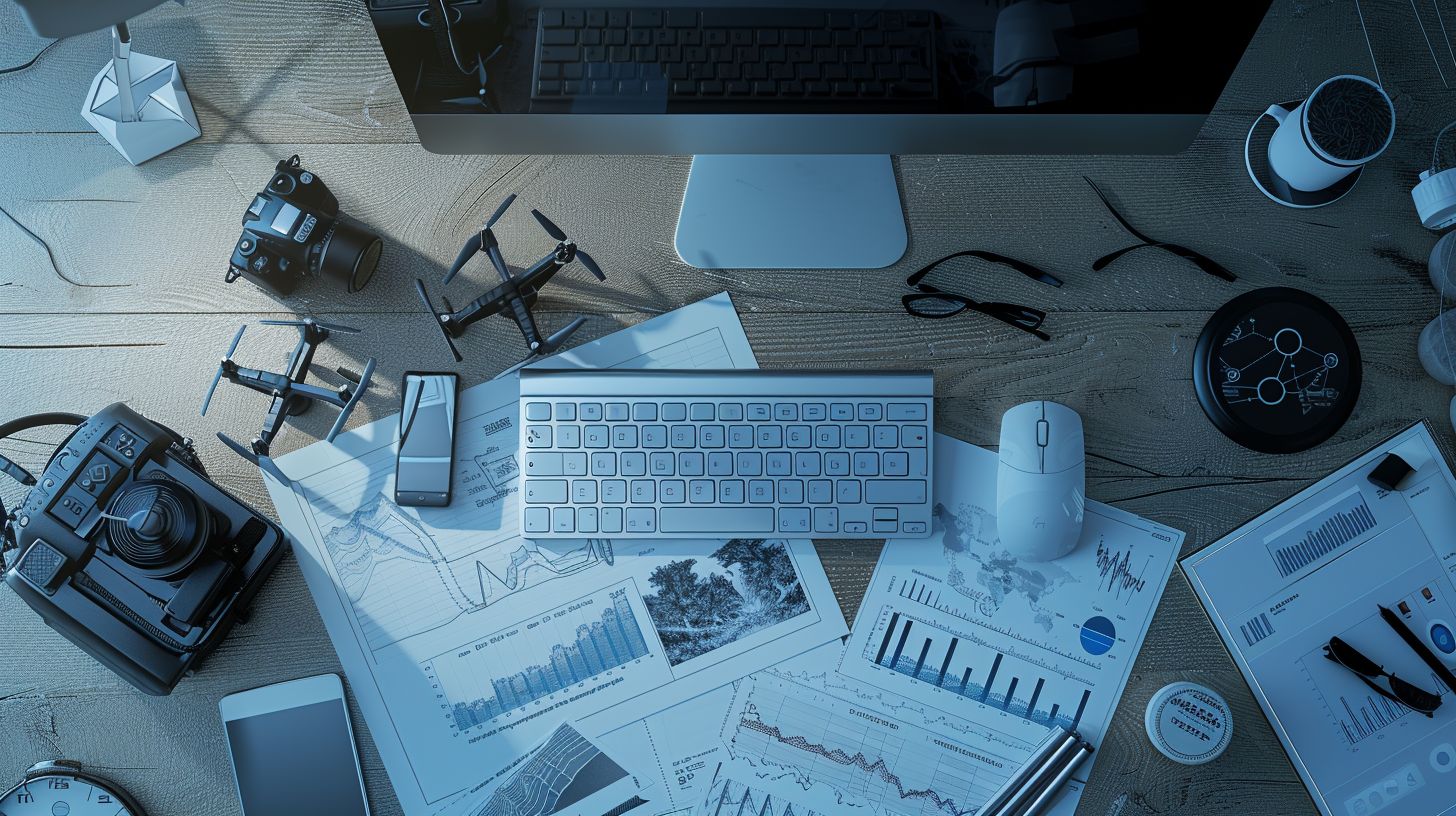 A computer monitor surrounded by charts and aerial drone photography.