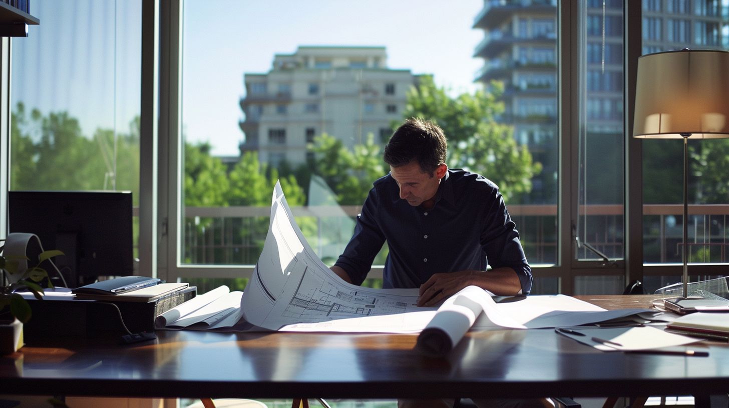 An architect reviewing blueprints on a modern office desk.