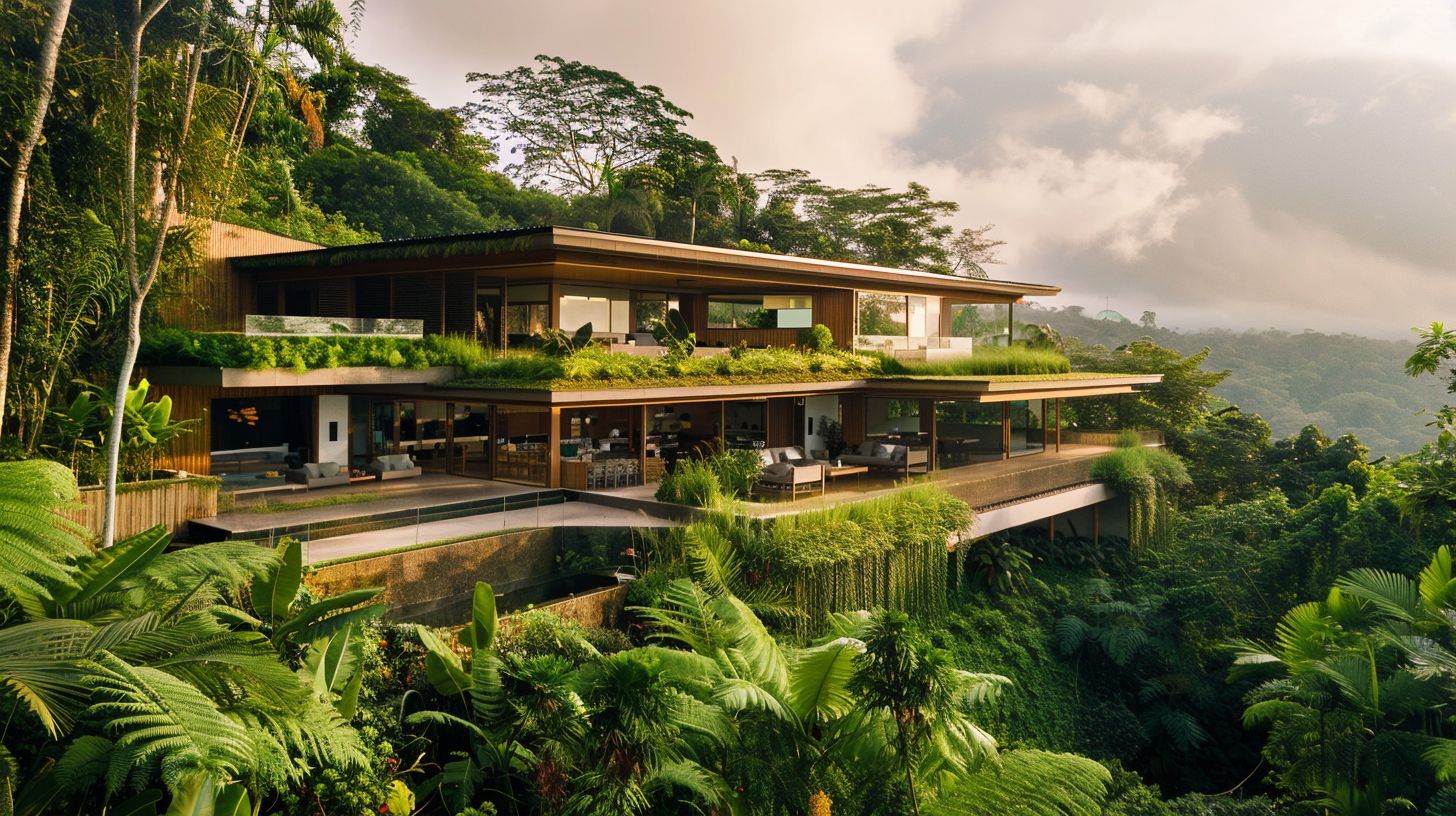 A building surrounded by greenery captured with a wide-angle lens.