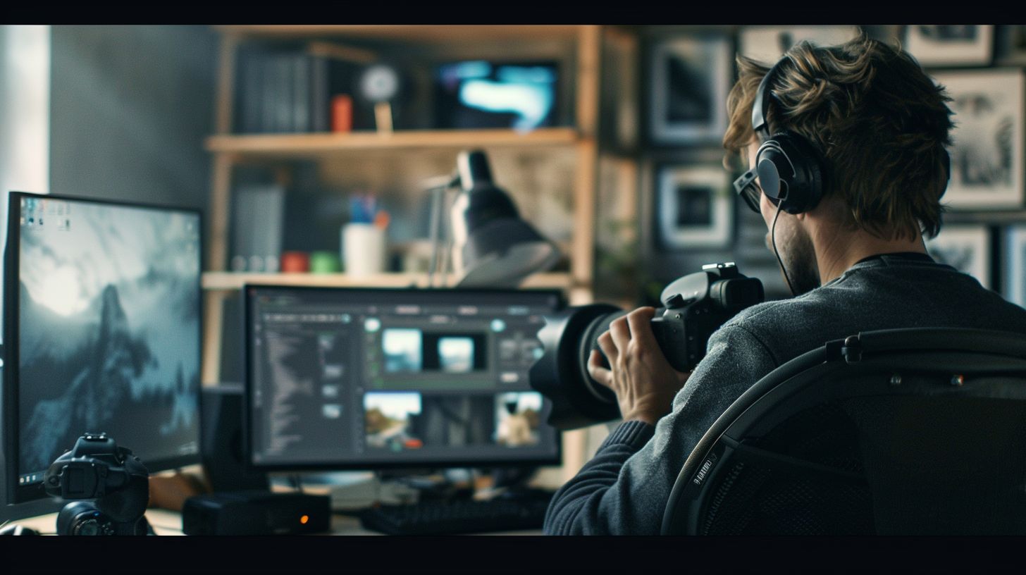 A person sitting at a computer desk surrounded by diverse SEO tools.