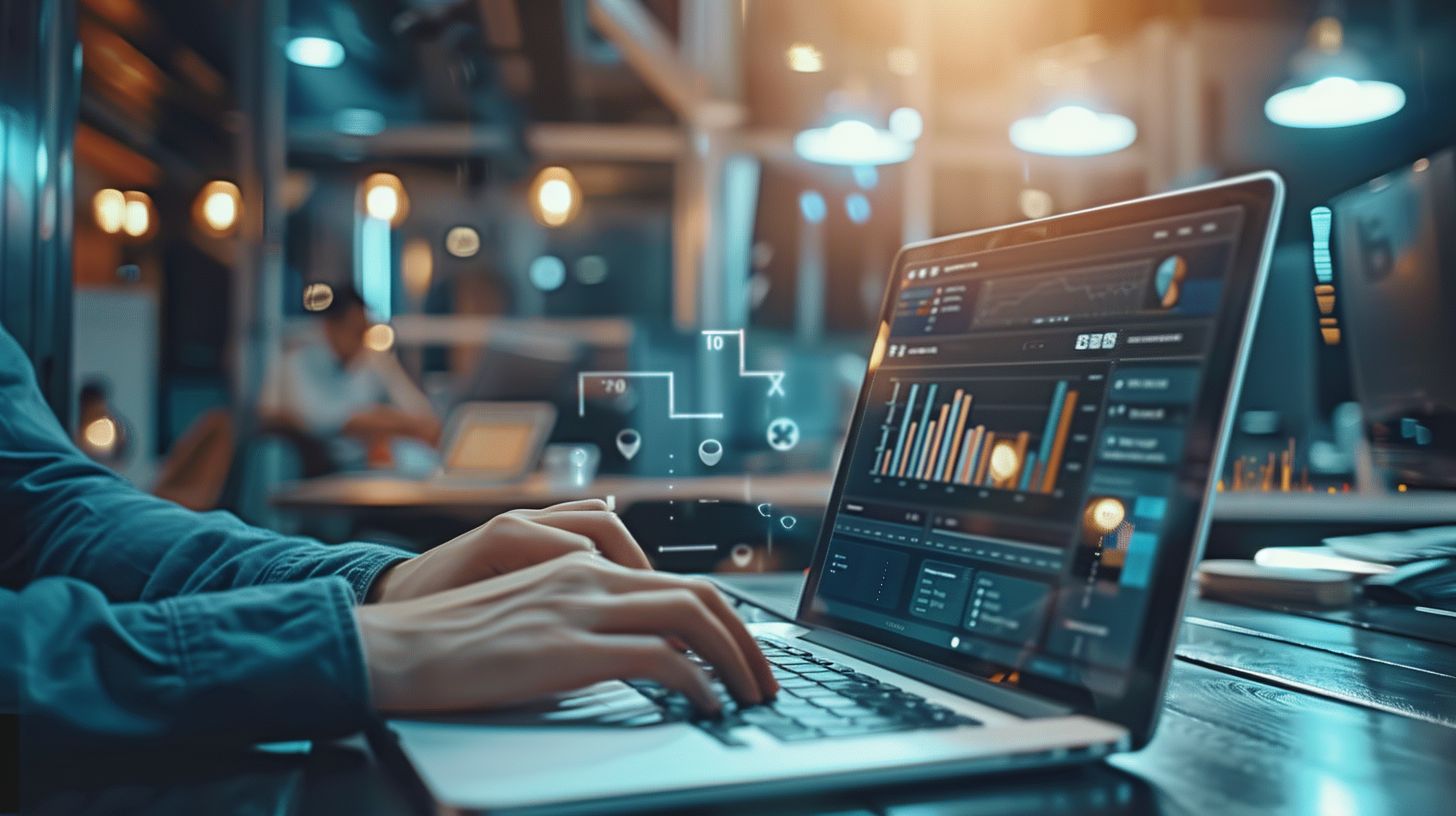 A person is analyzing SEO data on a laptop in a modern office space. A person is analyzing SEO data on a laptop in a modern office space.