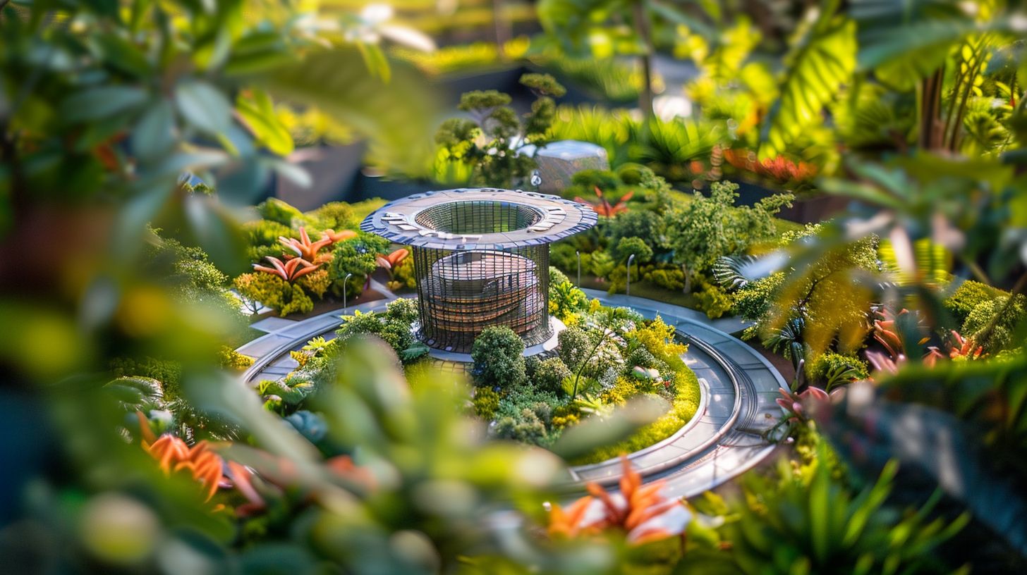 An architectural model surrounded by vibrant greenery in nature photography.