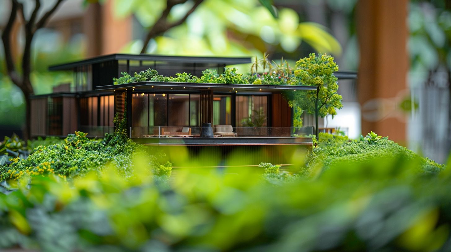 An architectural model surrounded by vibrant greenery in nature photography.