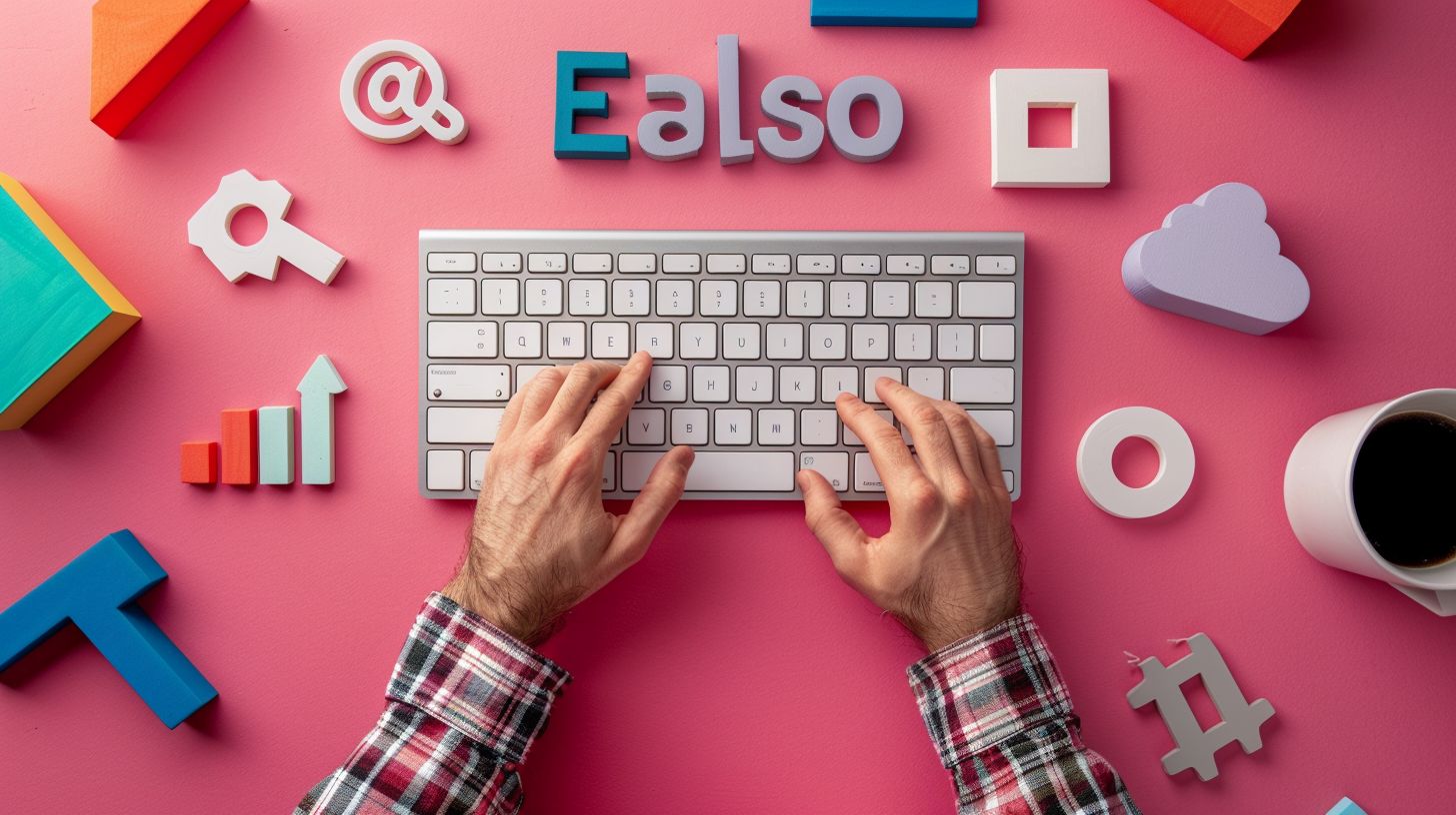 A person surrounded by SEO props with a keyboard in focus.