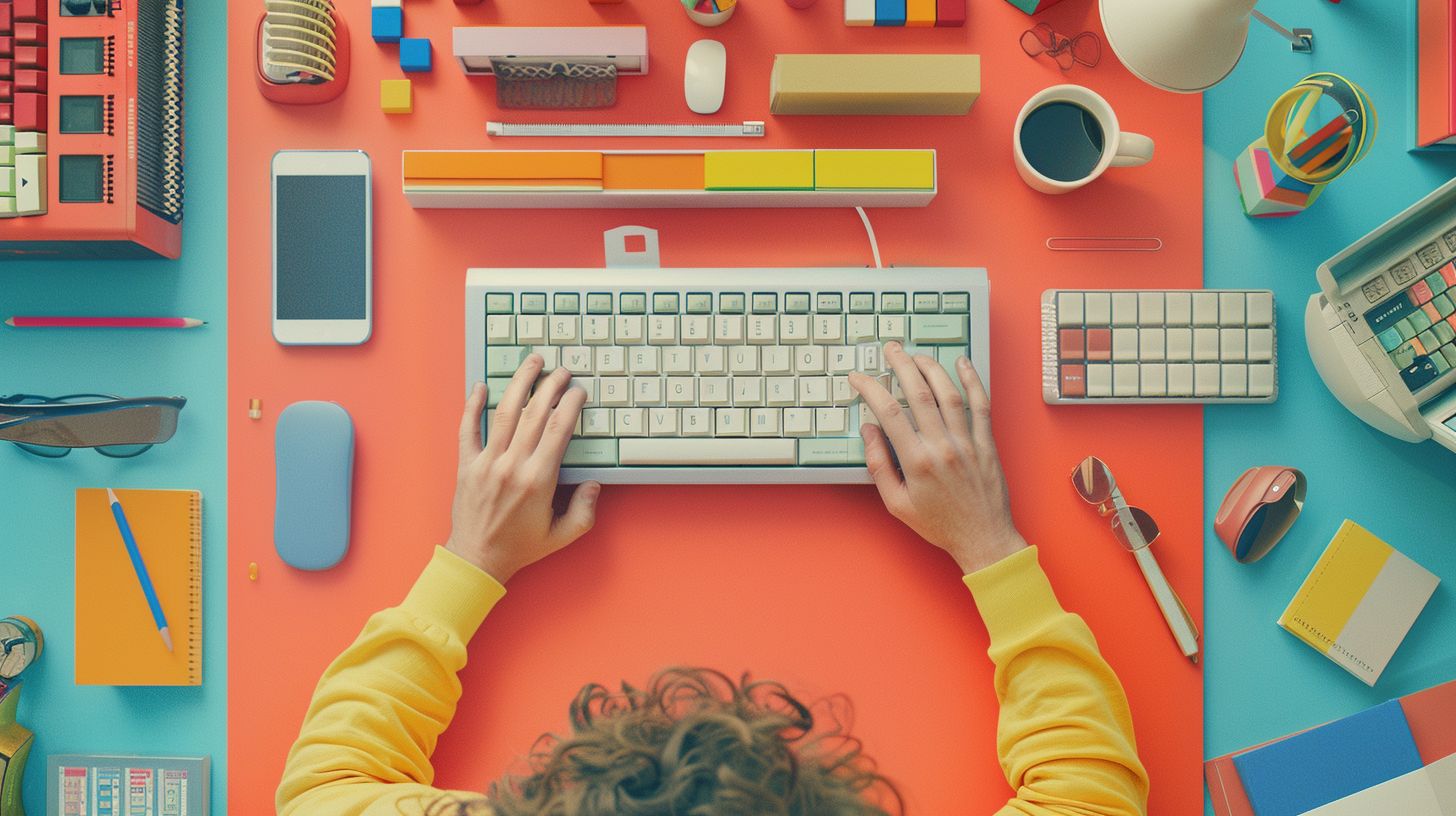 A person surrounded by SEO props with a keyboard in focus.