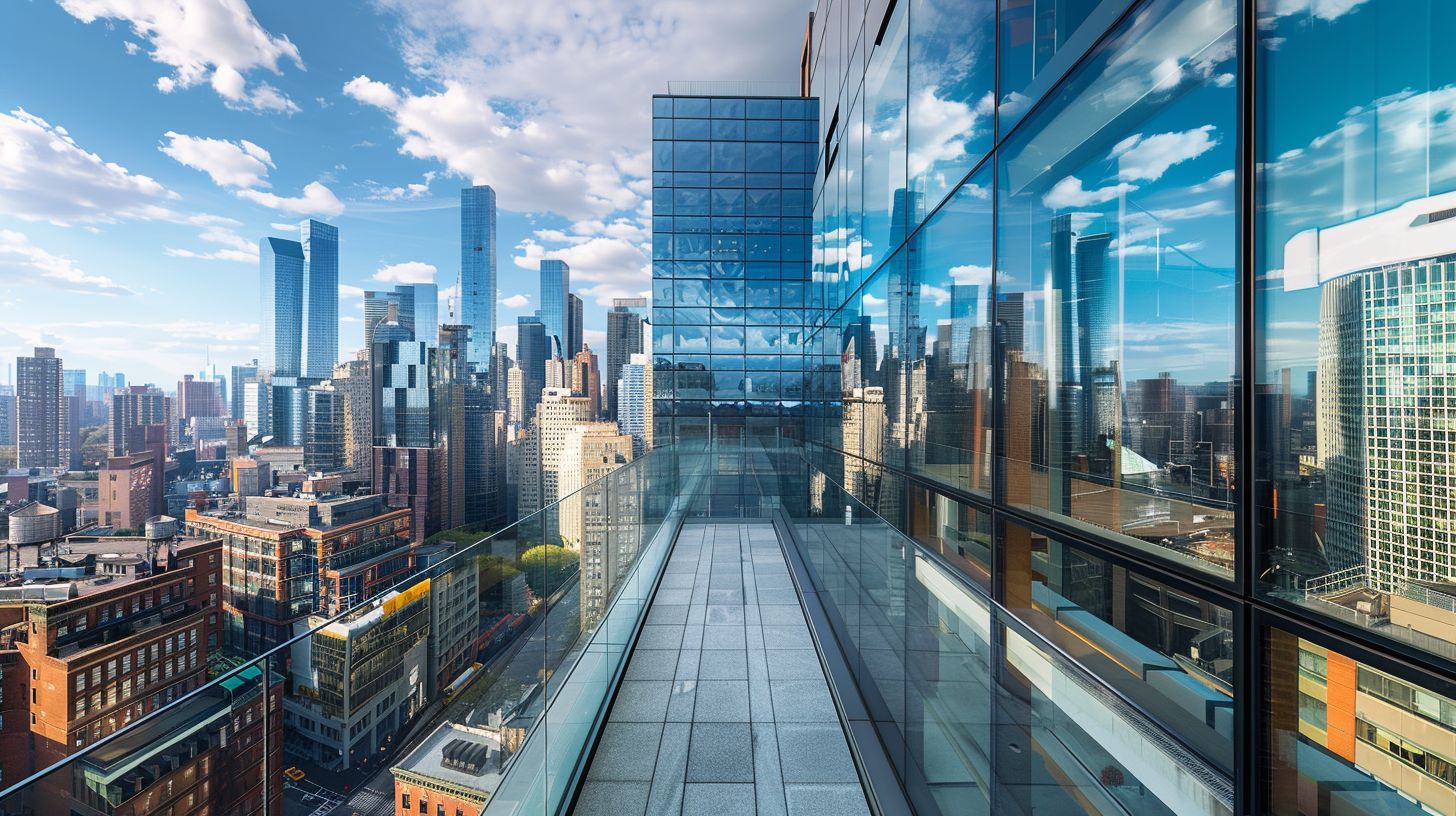 A modern architectural masterpiece in a bustling urban setting.