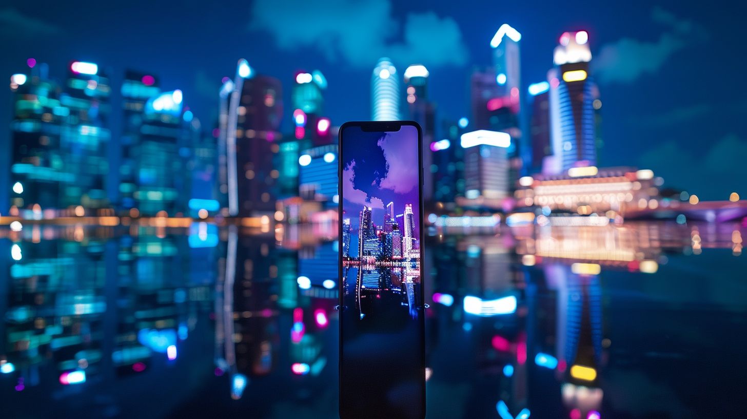 A smartphone amidst city lights at night. A smartphone amidst city lights at night.