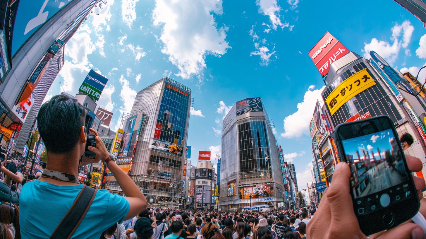 A person walking through a busy city landscape with a wide-angle lens.