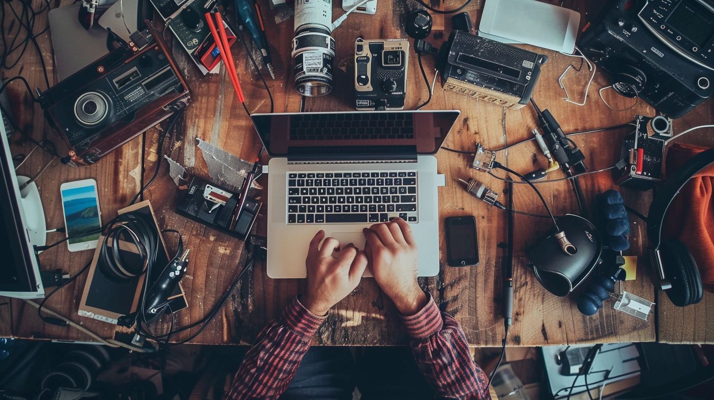 A laptop surrounded by various link building tools.