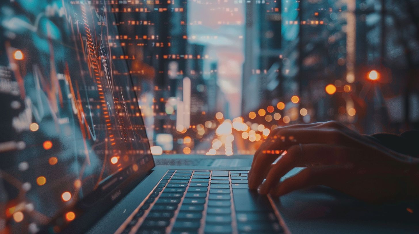 A person uses SEO keyword research tools in an urban setting.