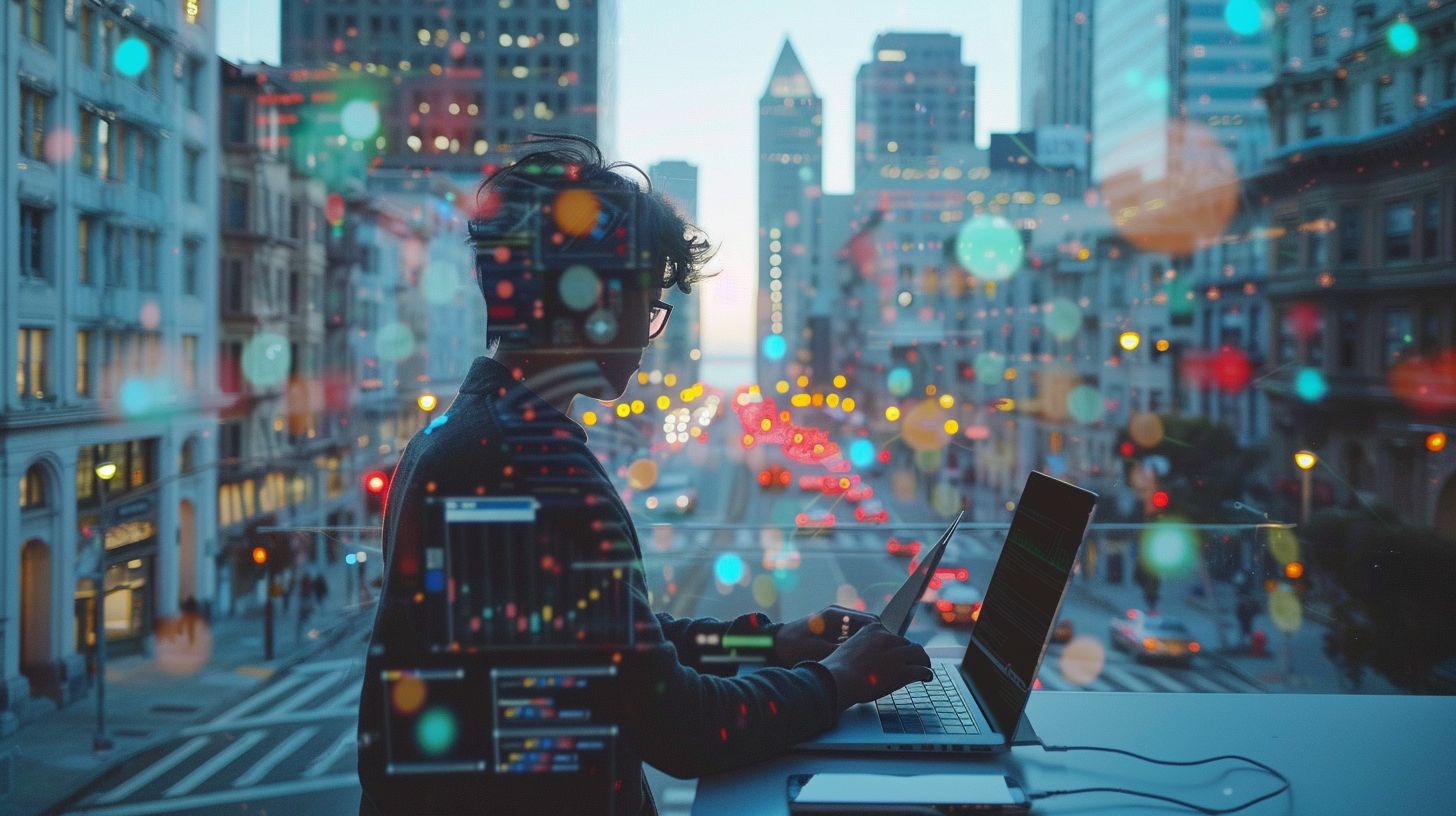 A person uses SEO keyword research tools in an urban setting.