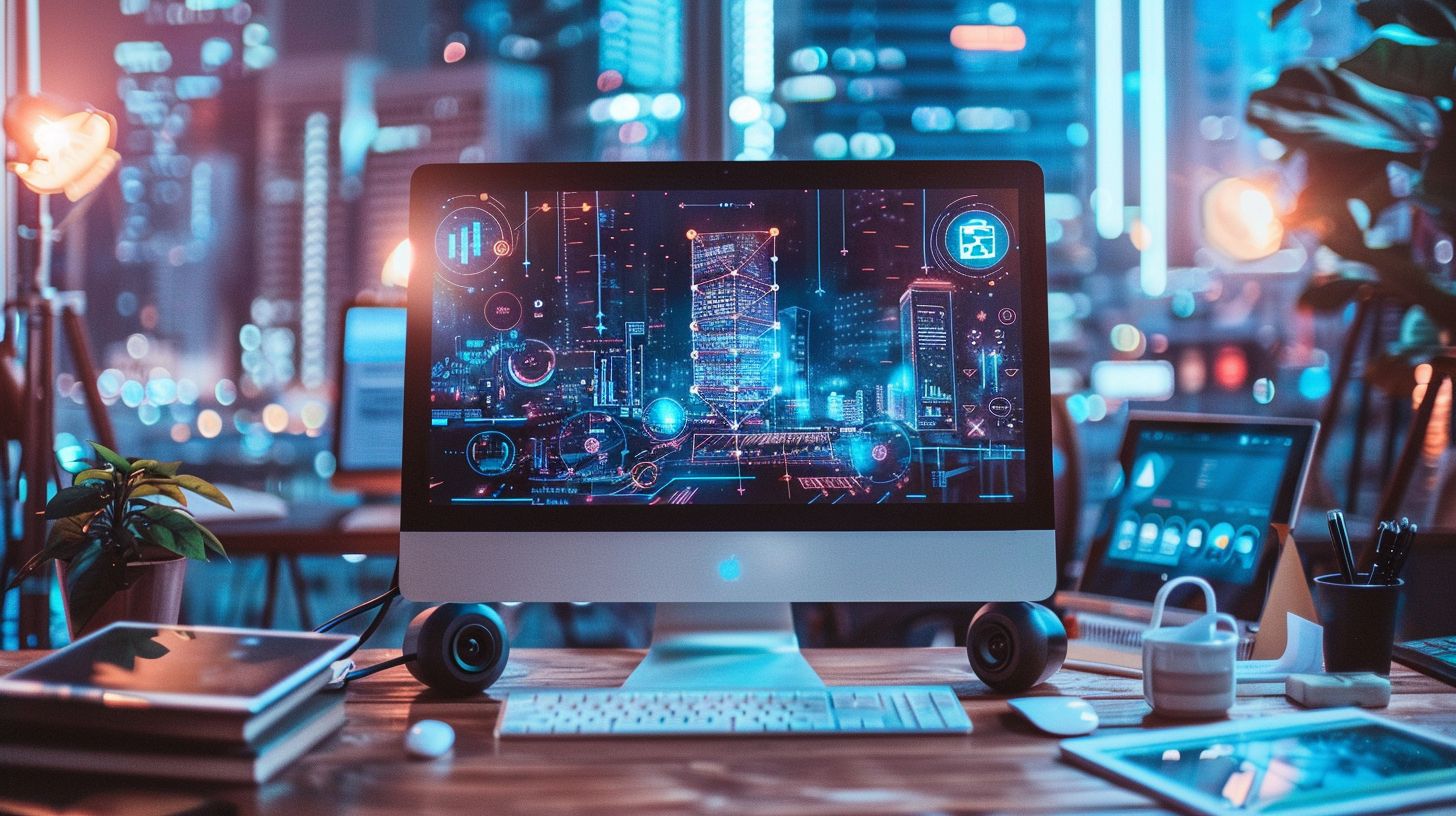 A modern desktop computer surrounded by SEO tools and an urban skyline.