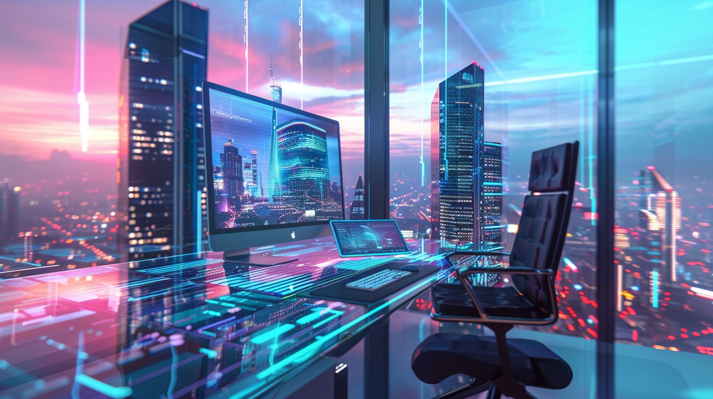 A modern desktop computer surrounded by SEO tools and an urban skyline.