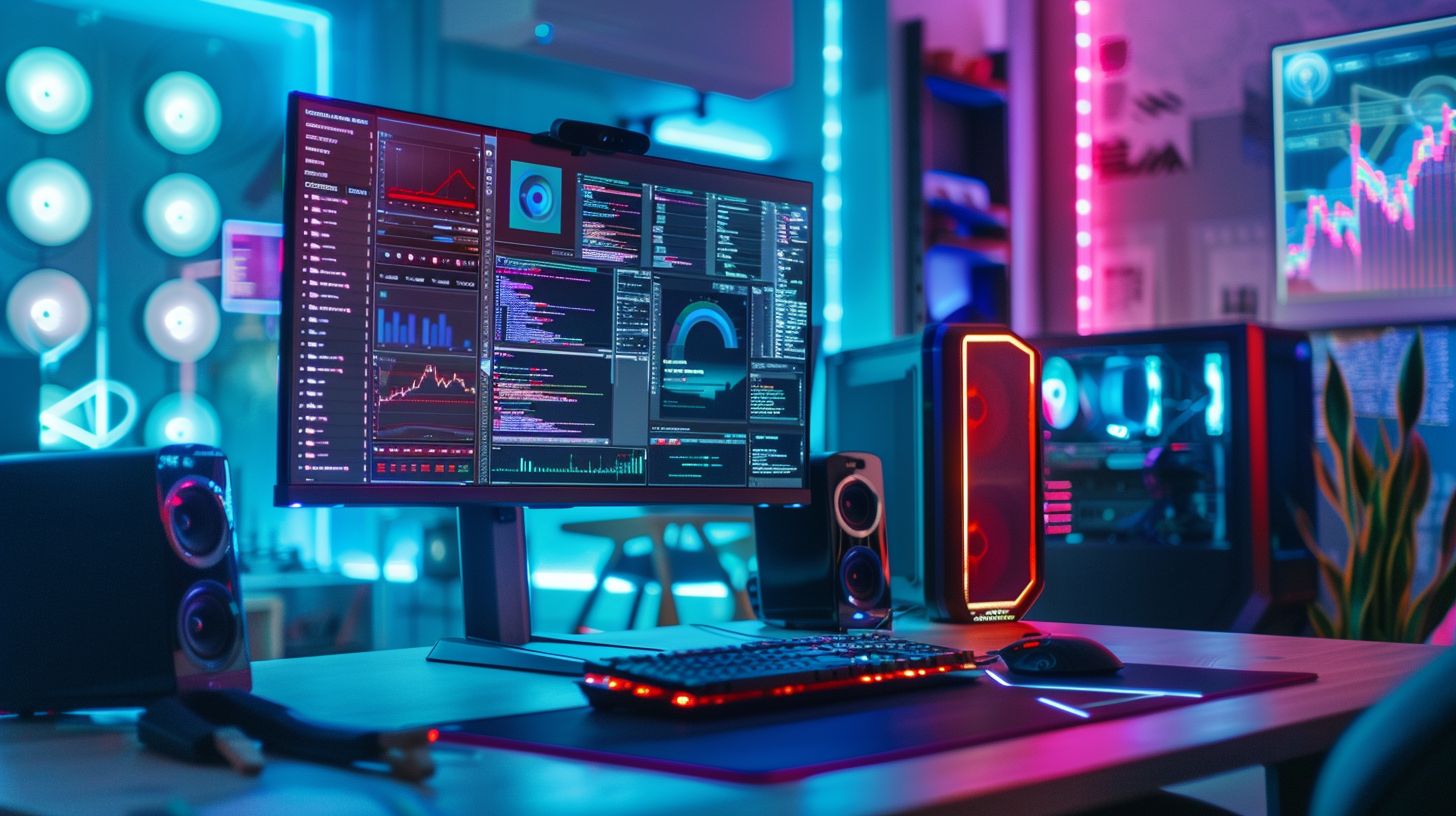 A modern desktop computer surrounded by SEO tools and an urban skyline.