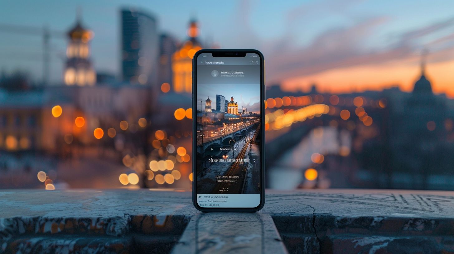 A smartphone displaying a website against a cityscape backdrop. A smartphone displaying a website against a cityscape backdrop.