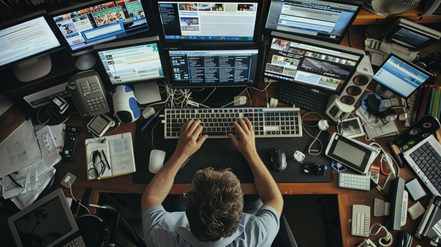 A person surrounded by digital devices types on a keyboard.
