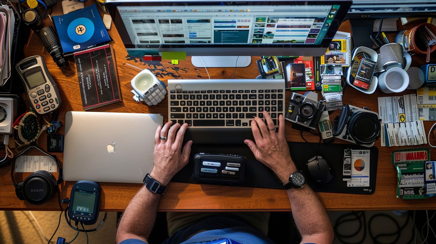 A person surrounded by digital devices types on a keyboard.