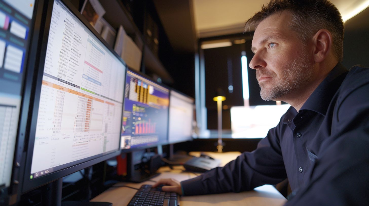 An SEO analyst analyzing data on a computer in an office. An SEO analyst analyzing data on a computer in an office.