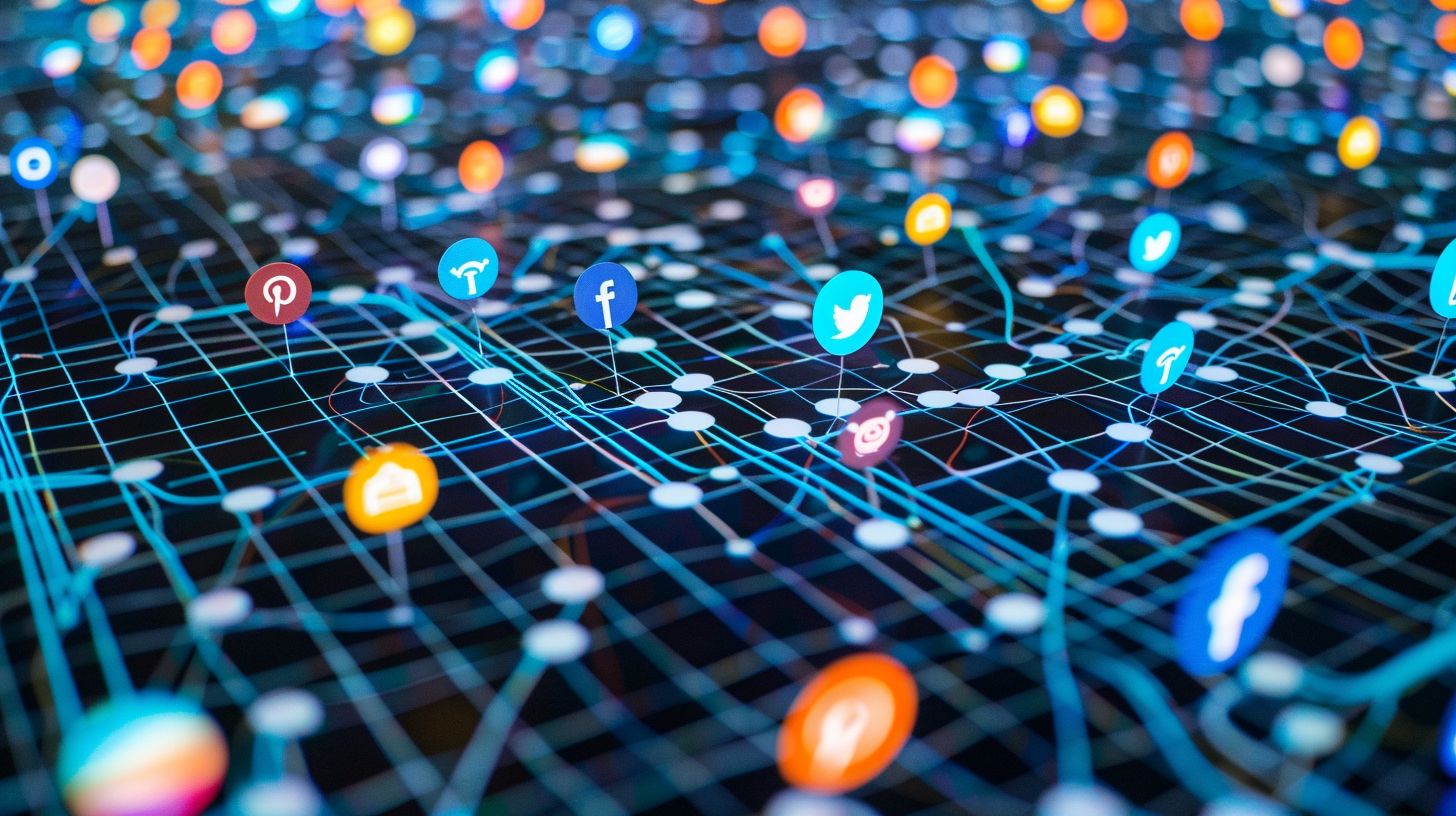 Aerial view of interconnected social media icons in digital marketing studio. Aerial view of interconnected social media icons in digital marketing studio.