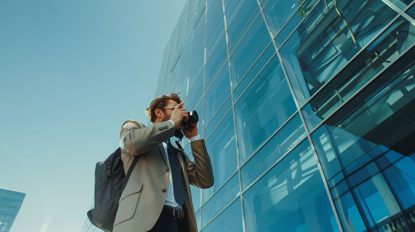 The architect is inspecting a modern building design with a DSLR.