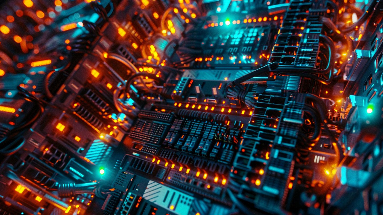 Aerial view of a website data server farm with high-speed internet cables.