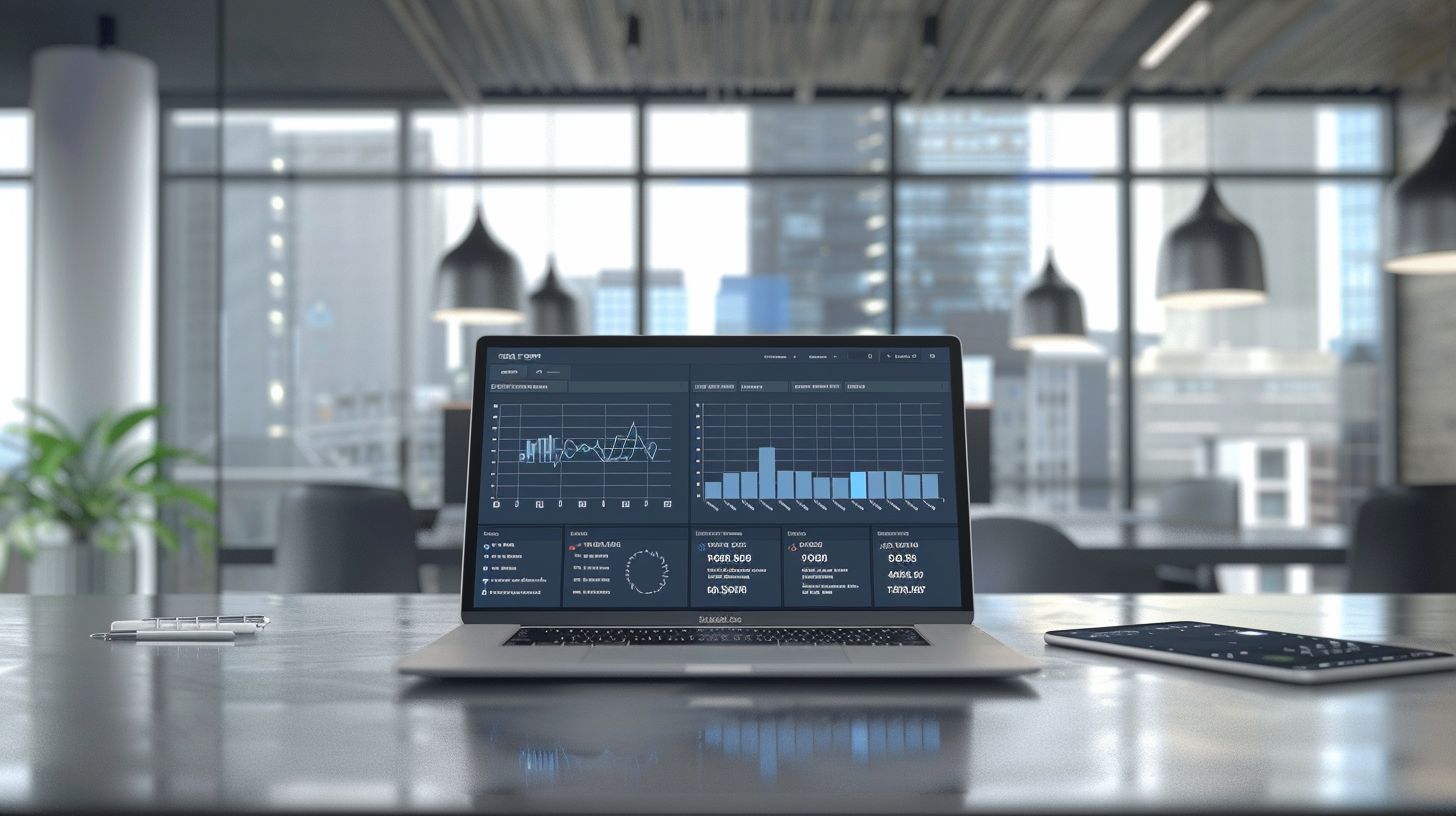 A video analytics dashboard on an open laptop in a modern office.