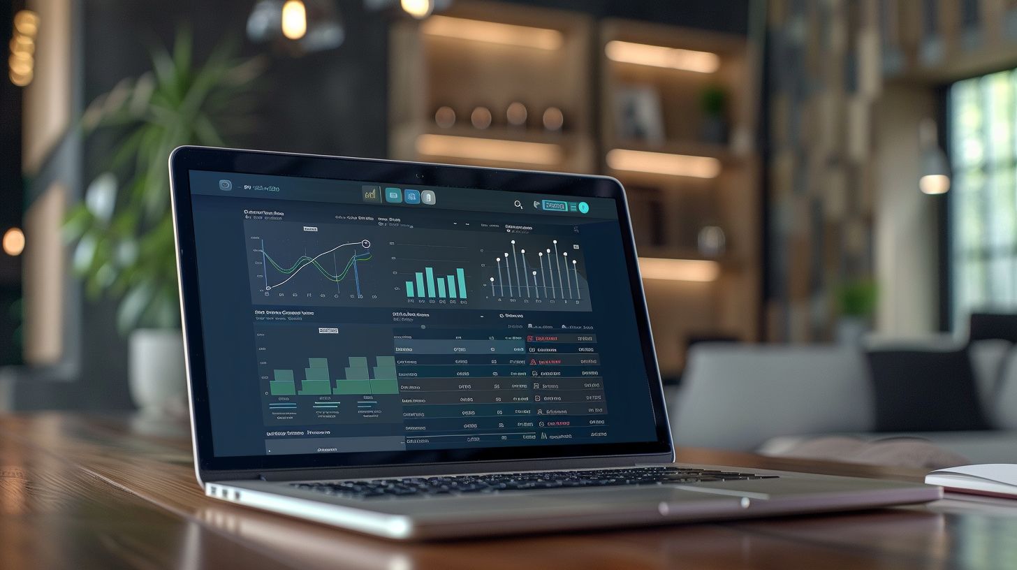 A video analytics dashboard on an open laptop in a modern office.