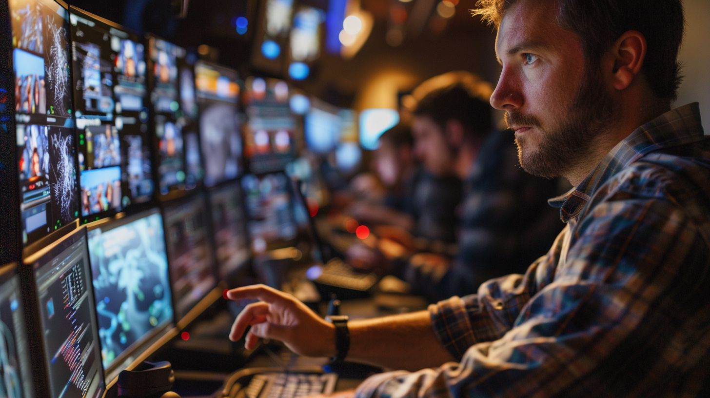 A team of data analysts use AI algorithms to study computer screens.
