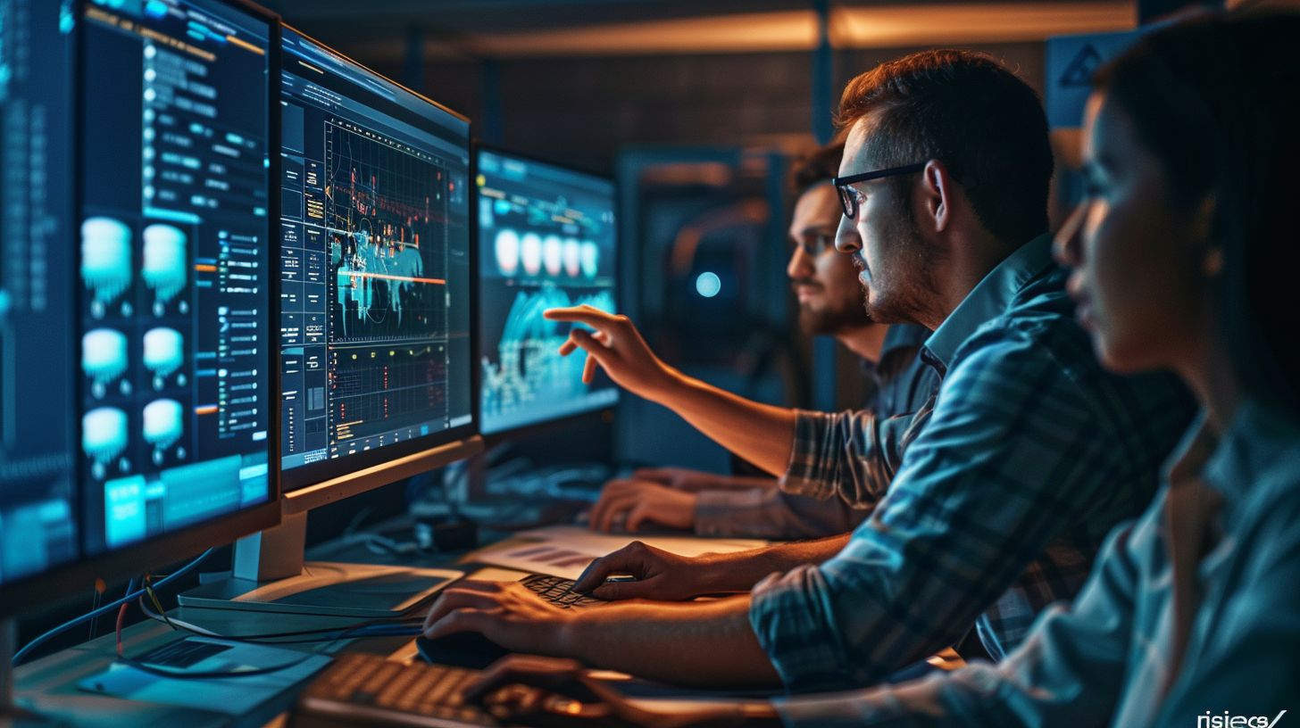 A team of data analysts use AI algorithms to study computer screens.