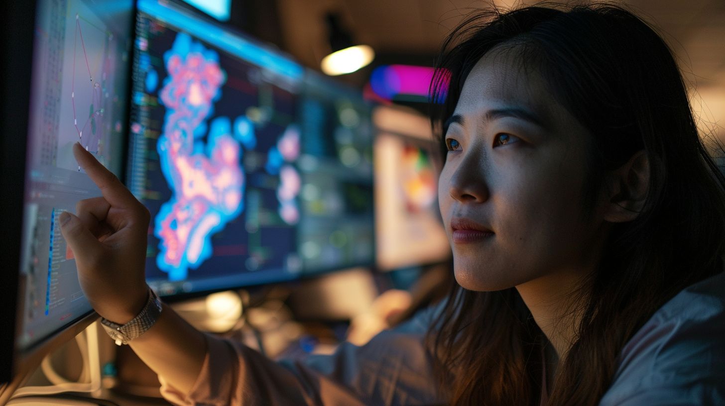 A team of data analysts use AI algorithms to study computer screens.