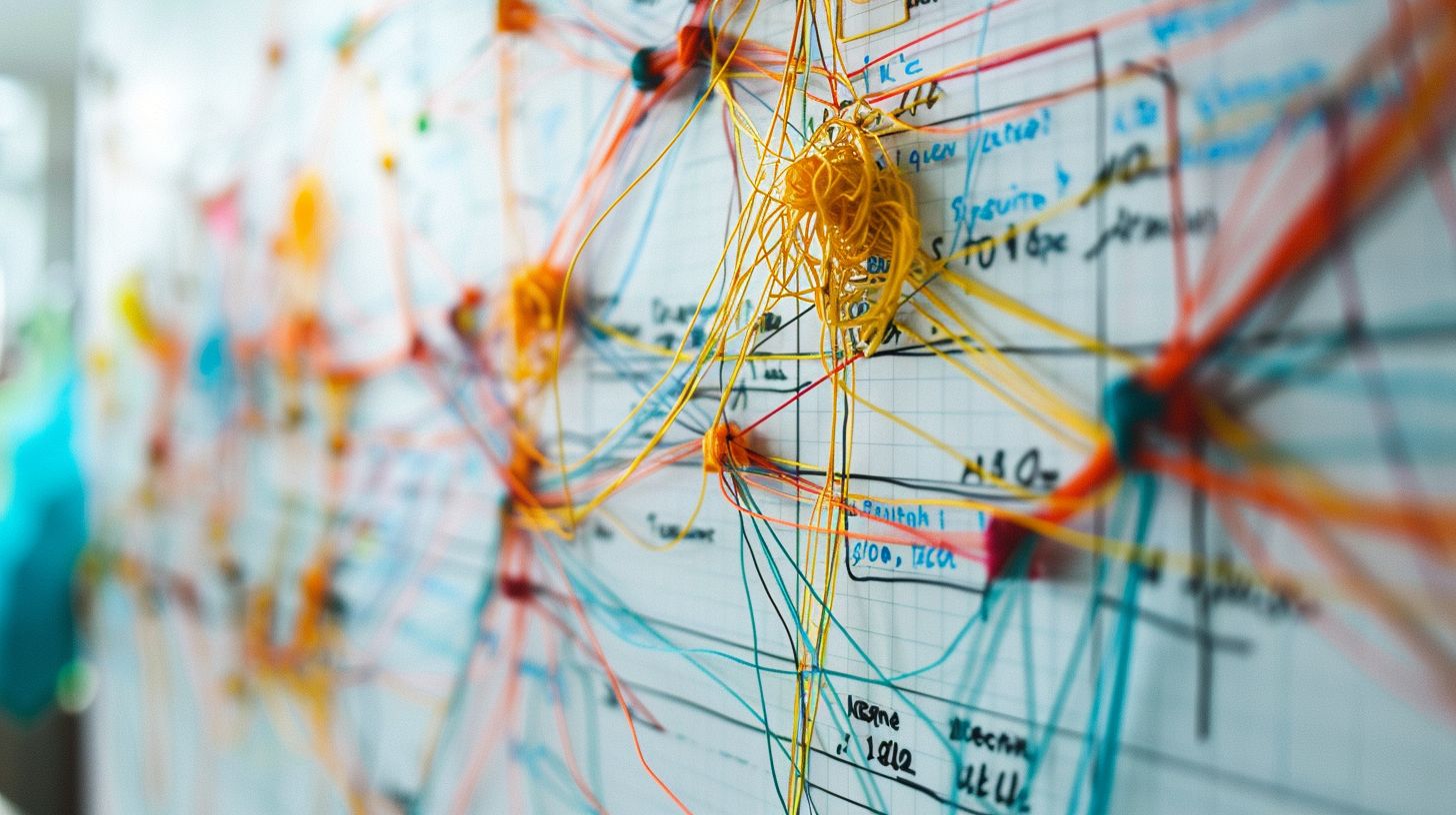 A website sitemap surrounded by tangled strings, with ocean photography.