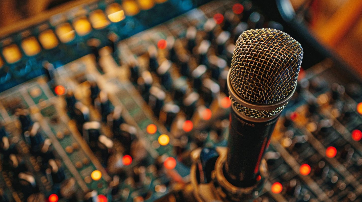 An aerial view of vintage microphone and recording equipment.