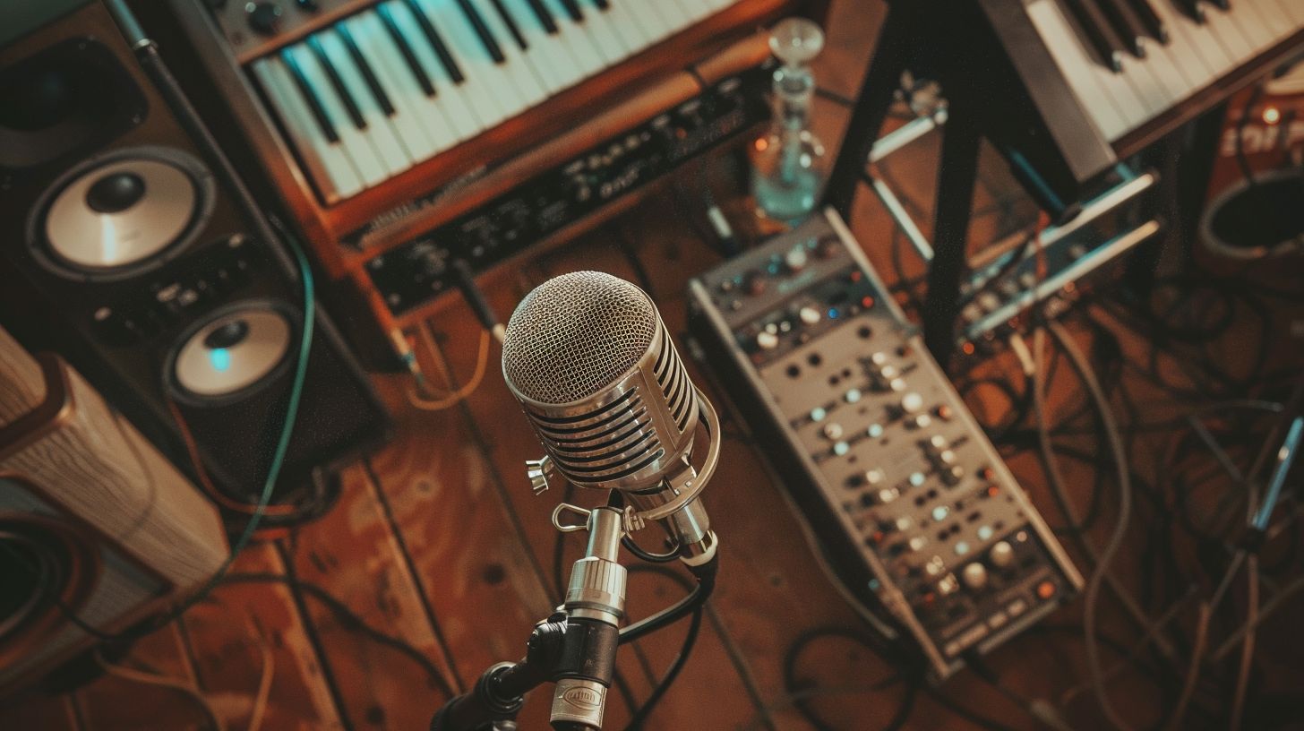 An aerial view of vintage microphone and recording equipment.