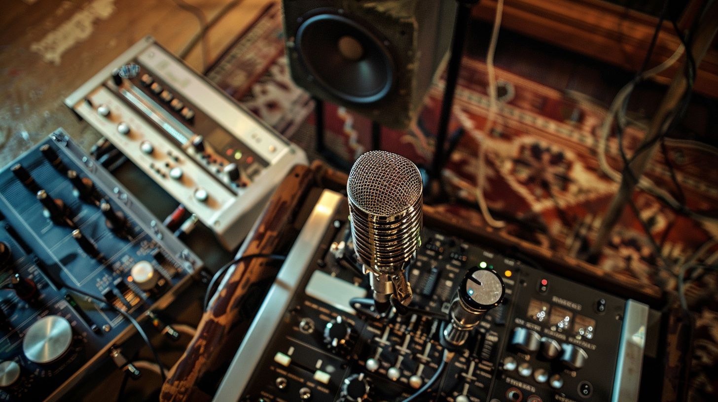 An aerial view of vintage microphone and recording equipment.