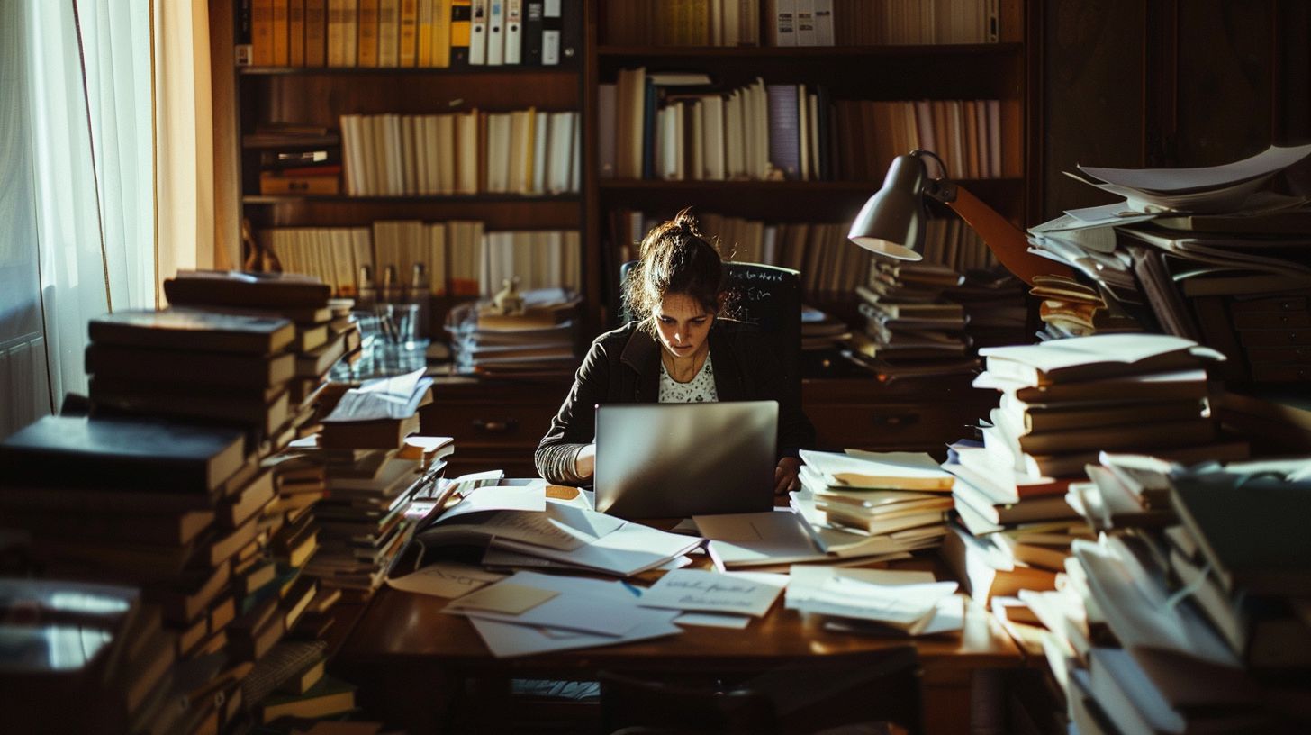 A person surrounded by work materials and a laptop at a desk.