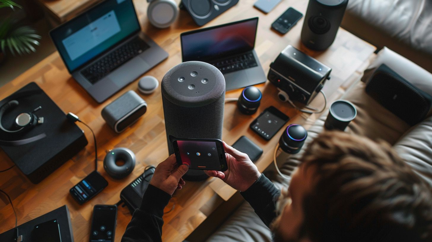 A person using a smart speaker and various mobile devices for voice search. A person using a smart speaker and various mobile devices for voice search.