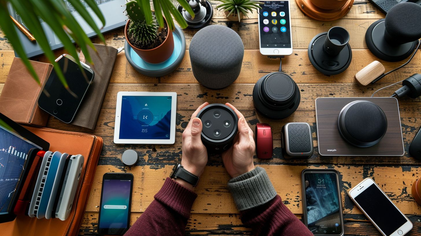 A person using a smart speaker and various mobile devices for voice search. A person using a smart speaker and various mobile devices for voice search.