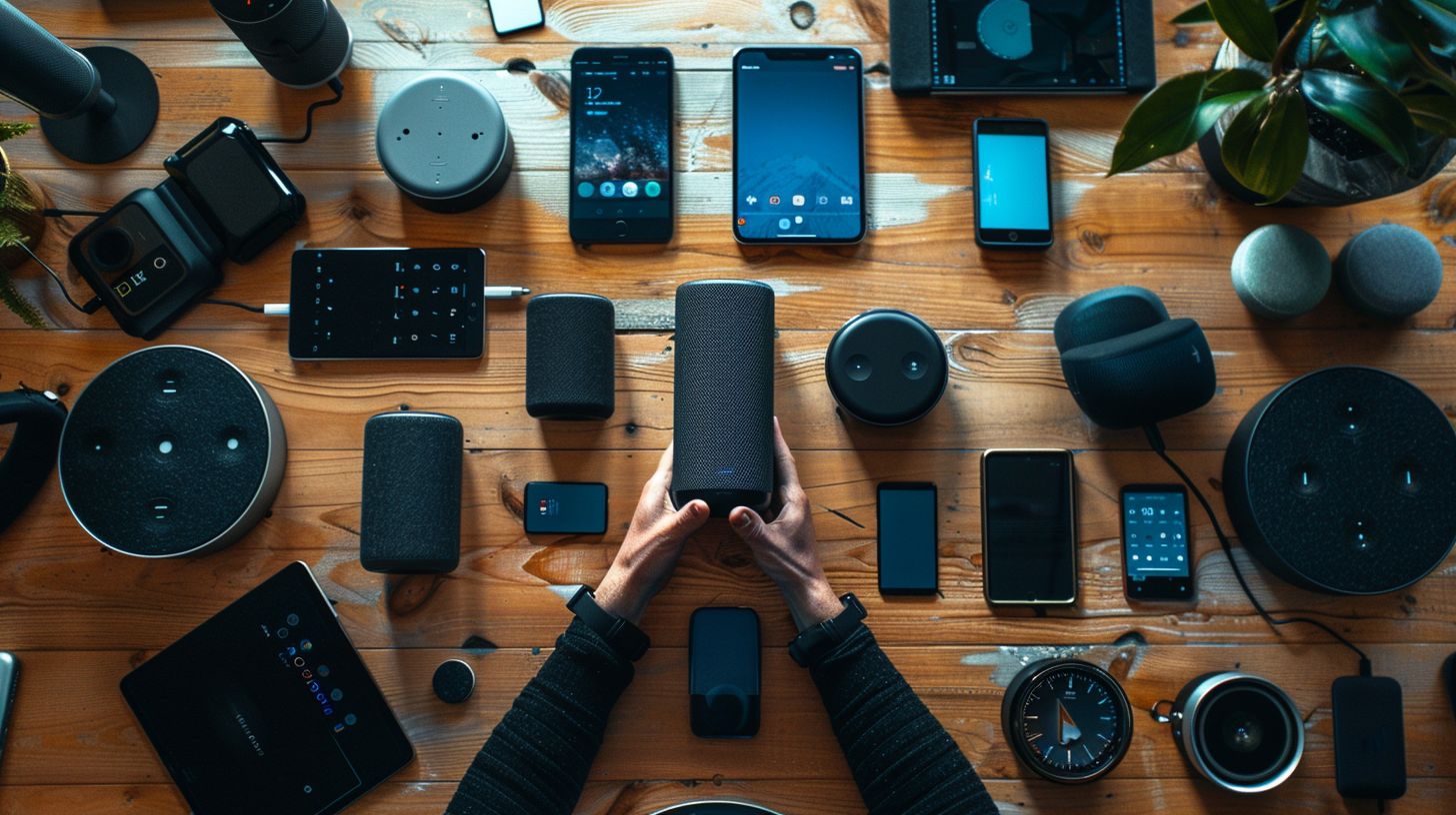 A person using a smart speaker and various mobile devices for voice search. A person using a smart speaker and various mobile devices for voice search.