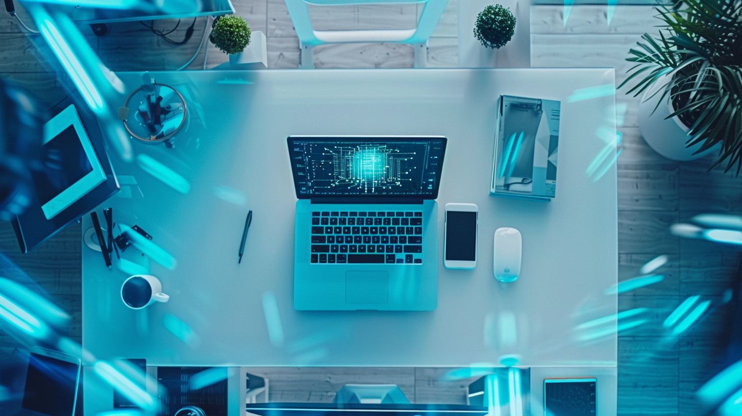 A modern office with high-tech AI technology surrounding an open laptop.